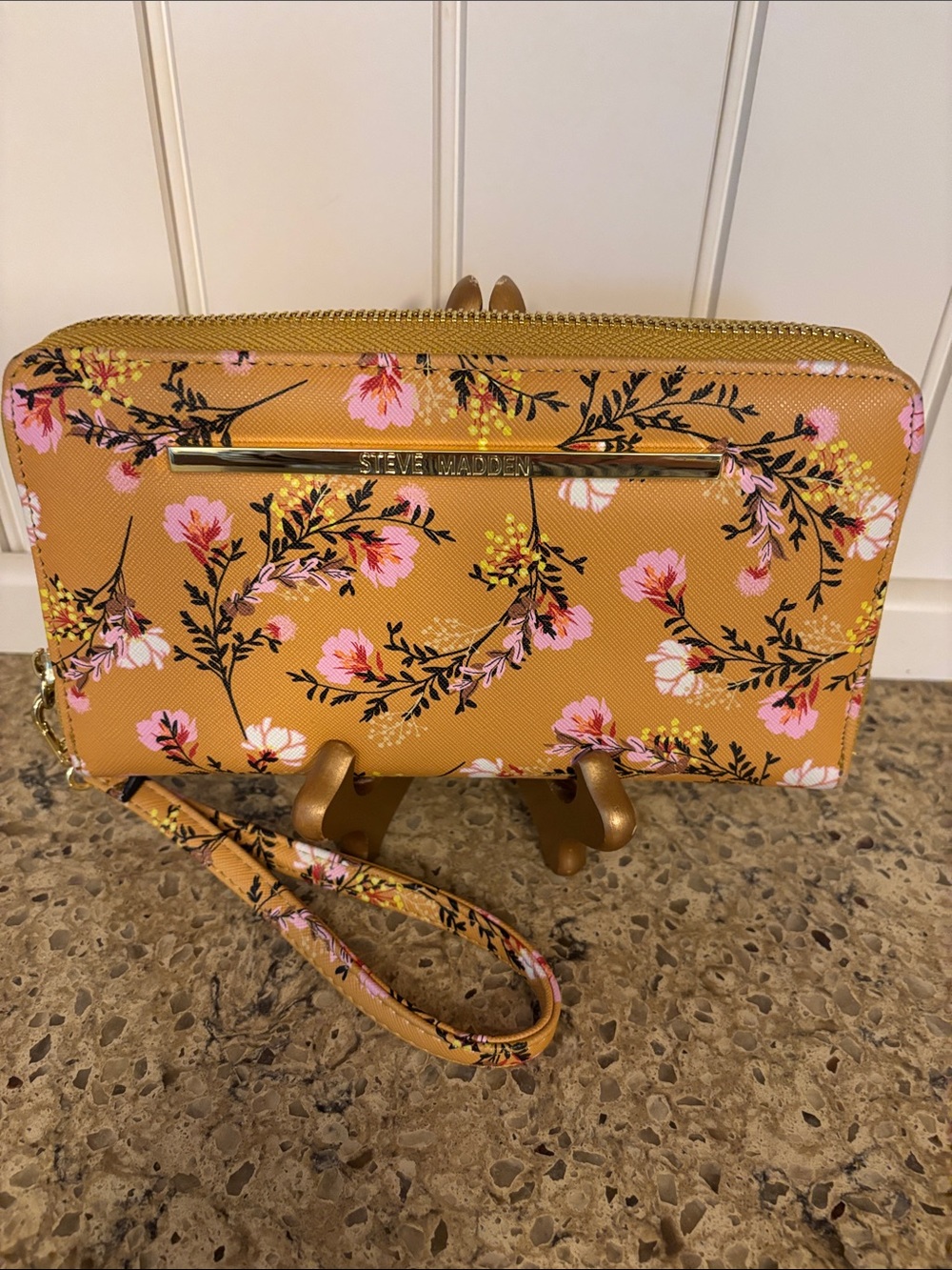 Steve Madden Mustard Floral Zip Wristlet with Pink Blossoms. Organizer Wallet